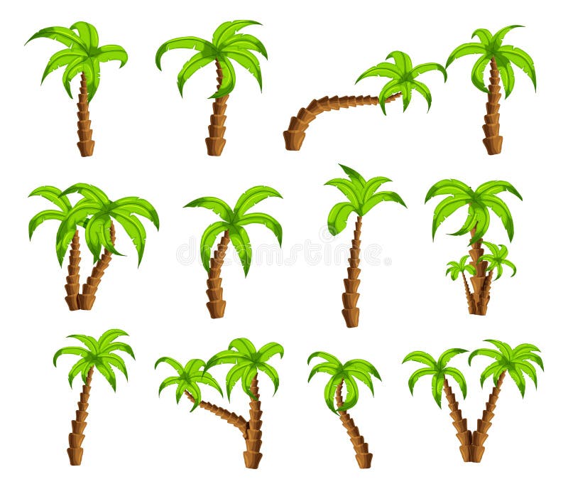 Palme verdi del fumetto su un fondo bianco L'insieme degli alberi tropicali del fumetto divertente modella le icone, per riempire illustrazione di stock Palme verdi del fumetto su un fondo bianco L'insieme degli alberi tropicali del fumetto divertente modella le icone, per riempire illustrazione di stock