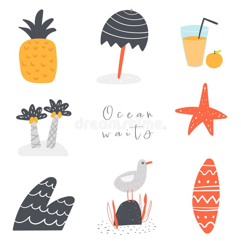 Palmeira, abacaxi, suco, estrela de mar, onda, gaivota, ressaca, fundo do guarda-chuva com espaço do texto, elementos abstratos ilustração royalty free Palmeira, abacaxi, suco, estrela de mar, onda, gaivota, ressaca, fundo do guarda-chuva com espaço do texto, elementos abstratos ilustração royalty free