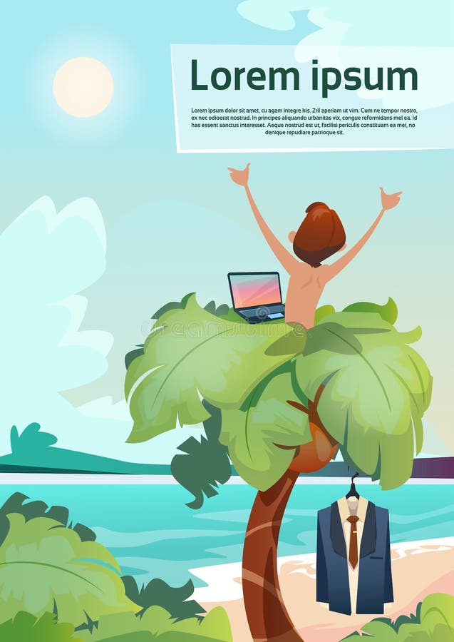 Palmeira autônomo do lugar de funcionamento remoto do homem usando a opinião tropical de férias de verão da praia do portátil ilustração stock Palmeira autônomo do lugar de funcionamento remoto do homem usando a opinião tropical de férias de verão da praia do portátil ilustração stock