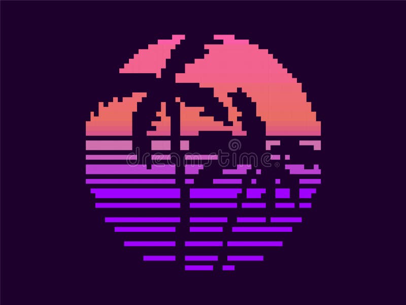 Palmeiras De Arte Em Pixel No Pôr Do Sol No Estilo 80s, Onda Solar