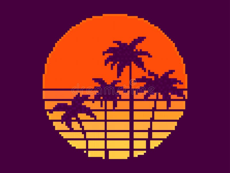 Palmeiras De Arte Em Pixel No Pôr Do Sol No Estilo 80s, Onda Solar