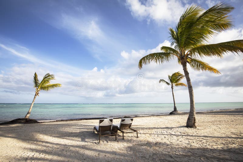 Palmen und Wagenklubsessel auf Strand in den Karibischen Meeren gegen blauen Himmel mit weißen Wolken stockfotografie Palmen und Wagenklubsessel auf Strand in den Karibischen Meeren gegen blauen Himmel mit weißen Wolken stockfotografie
