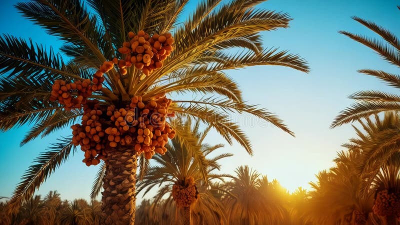Palmes de date au coucher du soleil. Cette image montre un bosquet de palmiers dattiers chargés illustration libre de droits