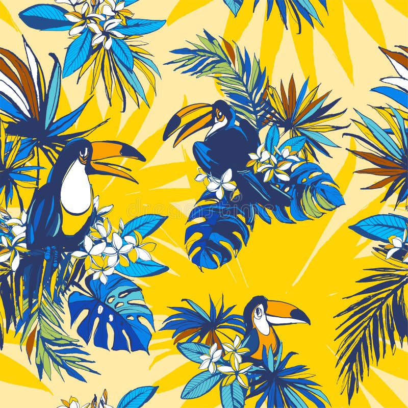 Palmettes tropicales tirées par la main de monstera de modèle sans couture, fleurs, oiseaux illustration libre de droits Palmettes tropicales tirées par la main de monstera de modèle sans couture, fleurs, oiseaux illustration libre de droits