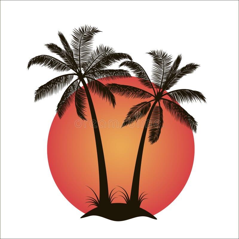 illustration stock palmiers avec l île au coucher du soleil image
