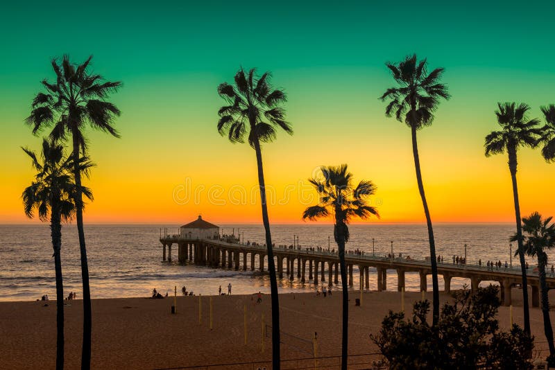 Palmiers et pilier sur Manhattan Beach au coucher du soleil en Californie, Los Angeles