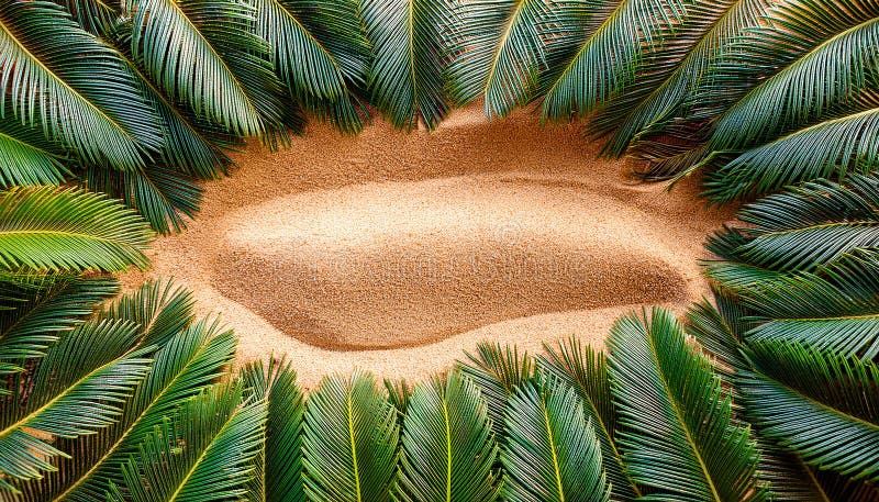 Palmy na piasku w niedzielę Palm. Młode gałązki palmy pigmej tworzące owalną ramę na piaskowym tle. ilustracji