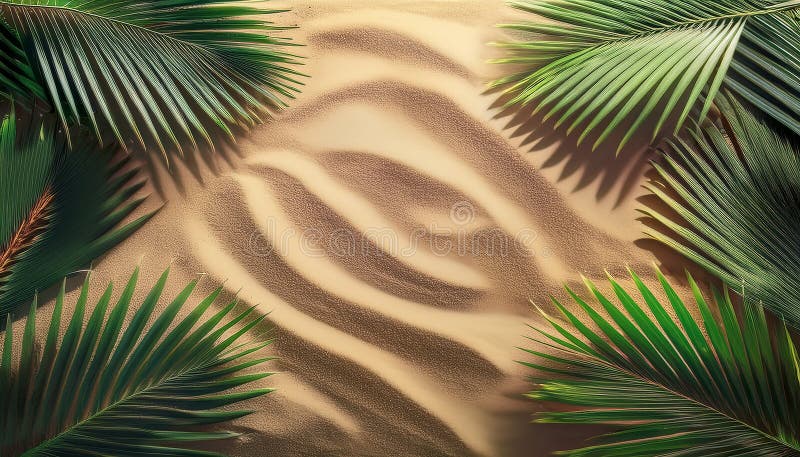 Palmy na piasku w niedzielę Palm. Młode gałązki palmy pigmej tworzące owalną ramę na piaskowym tle. Złoty piasek otoczony jest zielonymi licami palmowymi Arecaceae tworzącymi naturalną granicę. Piasek o cienkiej, równomiernej strukturze kontrastuje z błyszczącą, ryczącą powierzchnią liści. Układ sugeruje ustawienie tropikalne lub plażowe kładące nacisk na odświeżającą i egzotyczną wulkanizację palm. Wzorzec w piasku jest subtelnym wskazówkiem dla naturalnych sił, takich jak wiatr czy fala. Skład ten jest pogodny i wyważony, koncentrując się na elementach naturalnychPalms on sand for Palm Sunday. Byłoby świetnym tłem dla Palm SundayAl Generated.