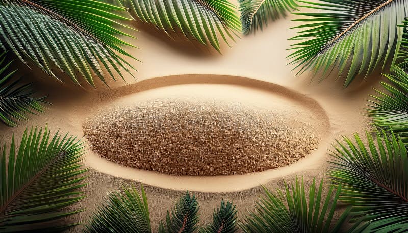 Palmy na piasku w niedzielę Palm. Młode gałązki palmy pigmej tworzące owalną ramę na piaskowym tle. royalty ilustracja