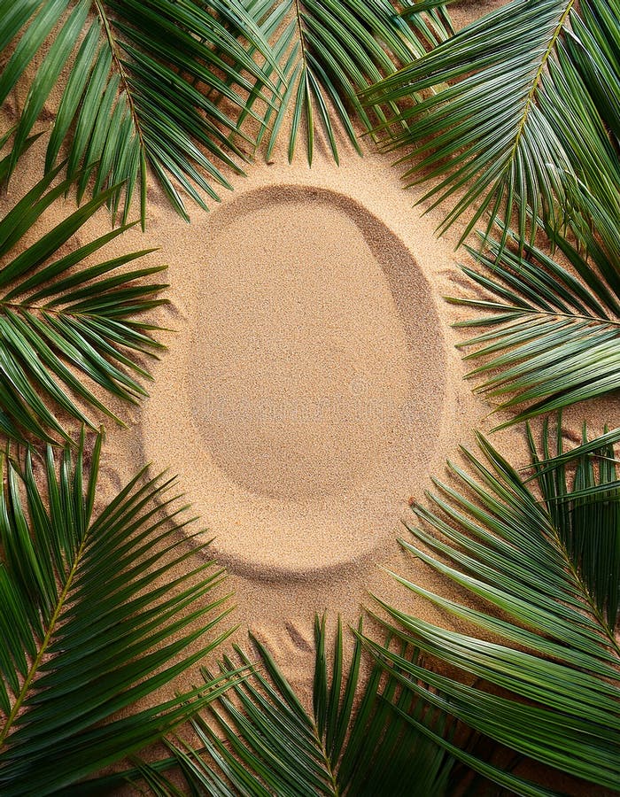 Palmy na piasku w niedzielę Palm. Młode gałązki palmy pigmej tworzące owalną ramę na piaskowym tle. ilustracja wektor