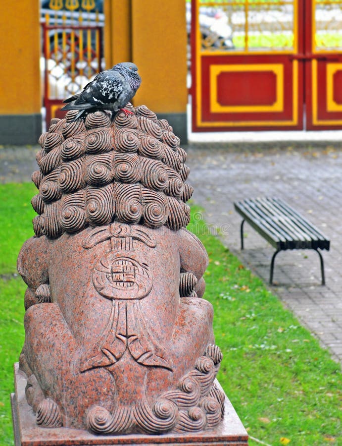 Paloma en la cabeza de la escultura de un león en la yarda del Buddhi fotos de archivo libres de regalías Paloma en la cabeza de la escultura de un león en la yarda del Buddhi fotos de archivo libres de regalías