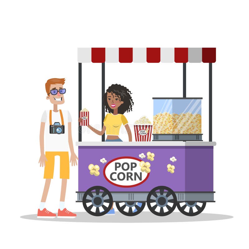 Palomitas de maíz de la compra del hombre en el quiosco ilustración del vector Palomitas de maíz de la compra del hombre en el quiosco ilustración del vector