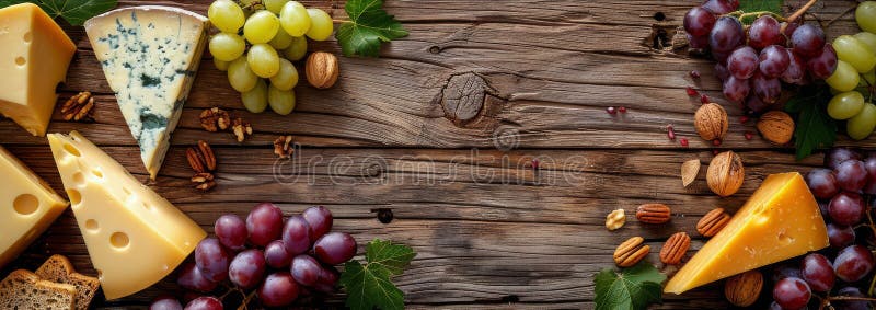 Pamplemousse et fromage sur table en bois. Différents types de pains et de raisins disposés sur une table en bois rustique. ai générée