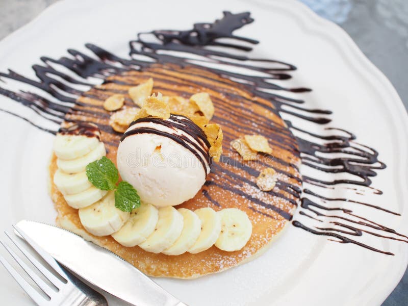 Pan Cake and Ice Cream with Chocolate Syrup Stock Image Image of
