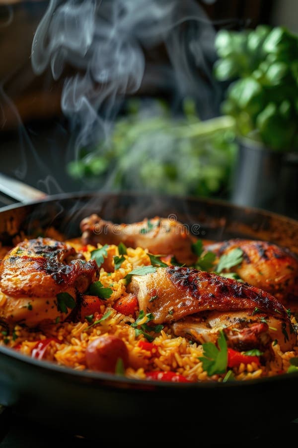 A Pan Filled with Chicken and Rice on a Stove. Suitable for Cooking and