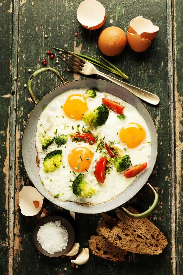 Pan of Fried Eggs, Broccoli and Cherrytomatoes, Top View Stock Image