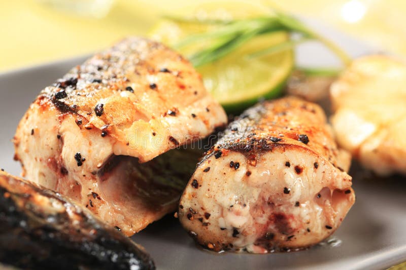 Pan fried mackerel stock photo