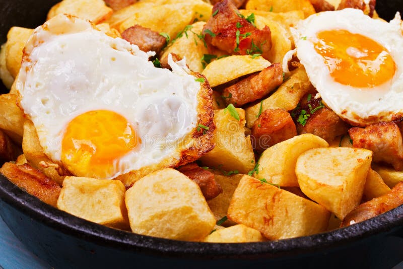 Panfried Potato, Eggs and Meat. Stock Image Image of food, french
