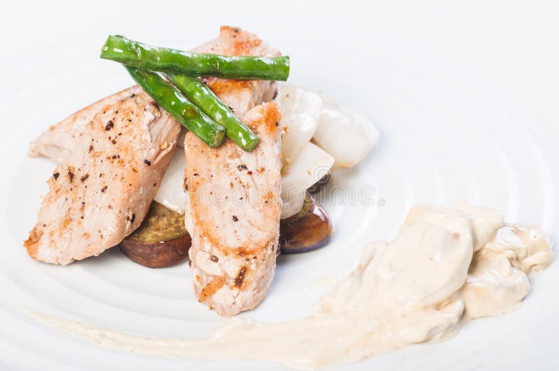 Pan Fried Tuna with Vegetable and Mushroom Sauce Stock Image Image of