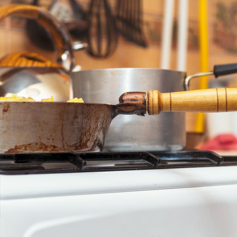 Pan on the Gas Stove Closeup. Kitchen Utensils Stock Image Image of burner, bowl 145297599