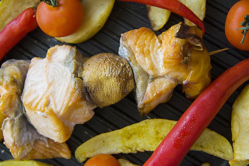 Pan of Grilled Fish and Potato Stock Photo Image of filet, gourmet