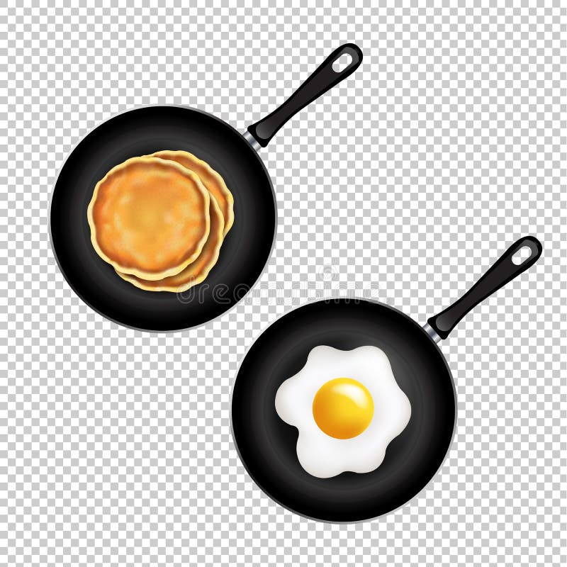 Pan with Pancake and Fried Eggs Isolated Transparent Background Stock