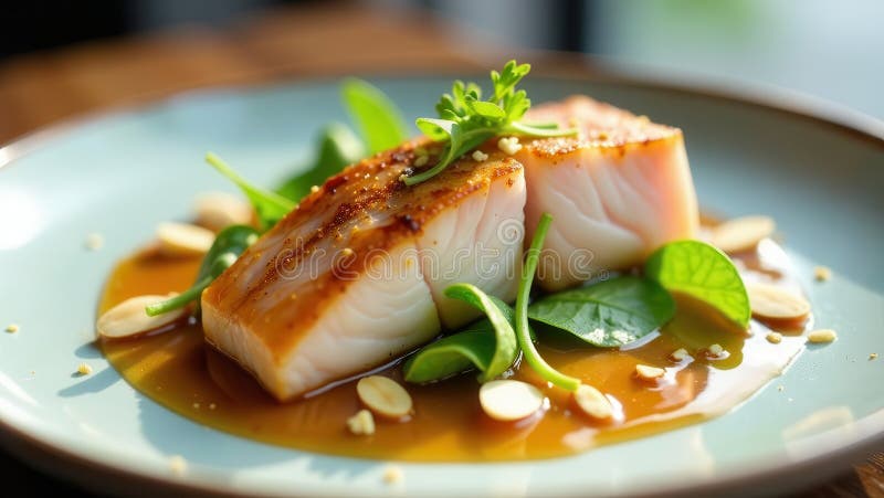 Pan-seared fish fillet with aromatic glaze and fresh greens on a pale plate. Generative AI stock illustration