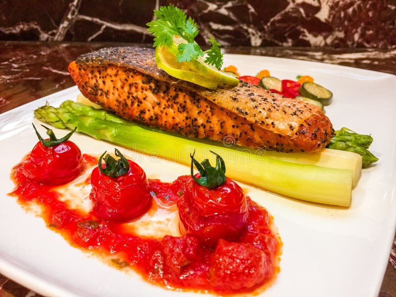 Pan seared Salmon dish stock photo. Image of seared 183618172