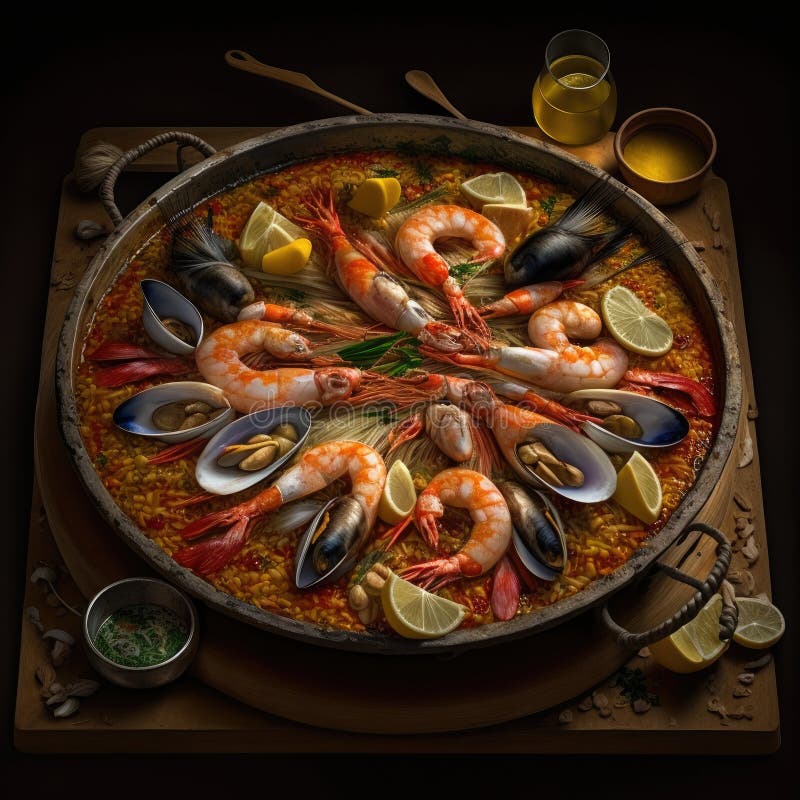 Pan of Spanish Paella Closeup. Stock Illustration Illustration of