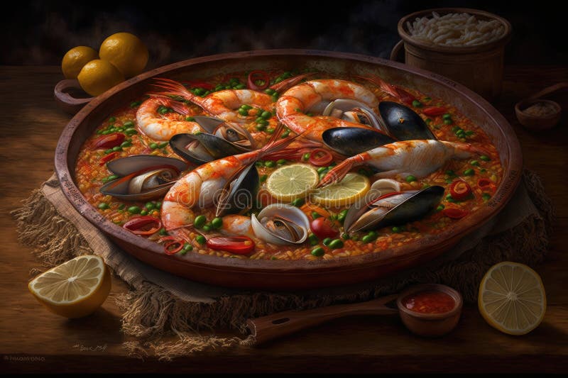 Pan of Spanish Paella Closeup. Stock Illustration Illustration of