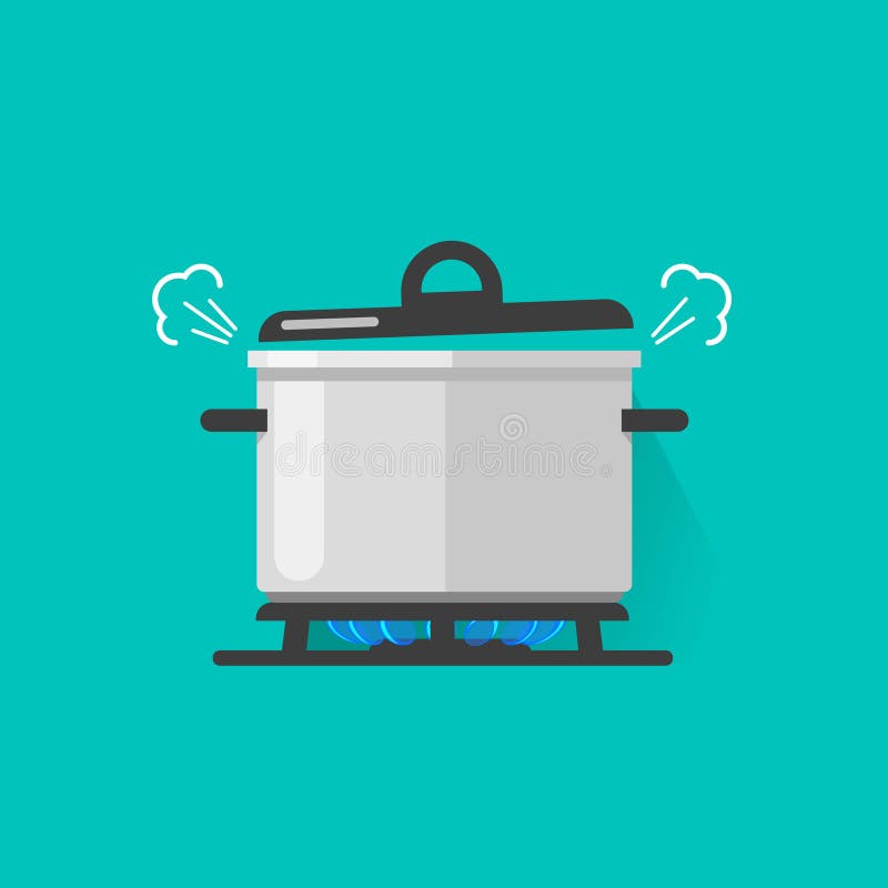 Pan with steam on gas stove fire cooking some boiling food vector illustration isolated, flat cartoon saucepan and vector illustration Pan with steam on gas stove fire cooking some boiling food vector illustration isolated, flat cartoon saucepan and vector illustration