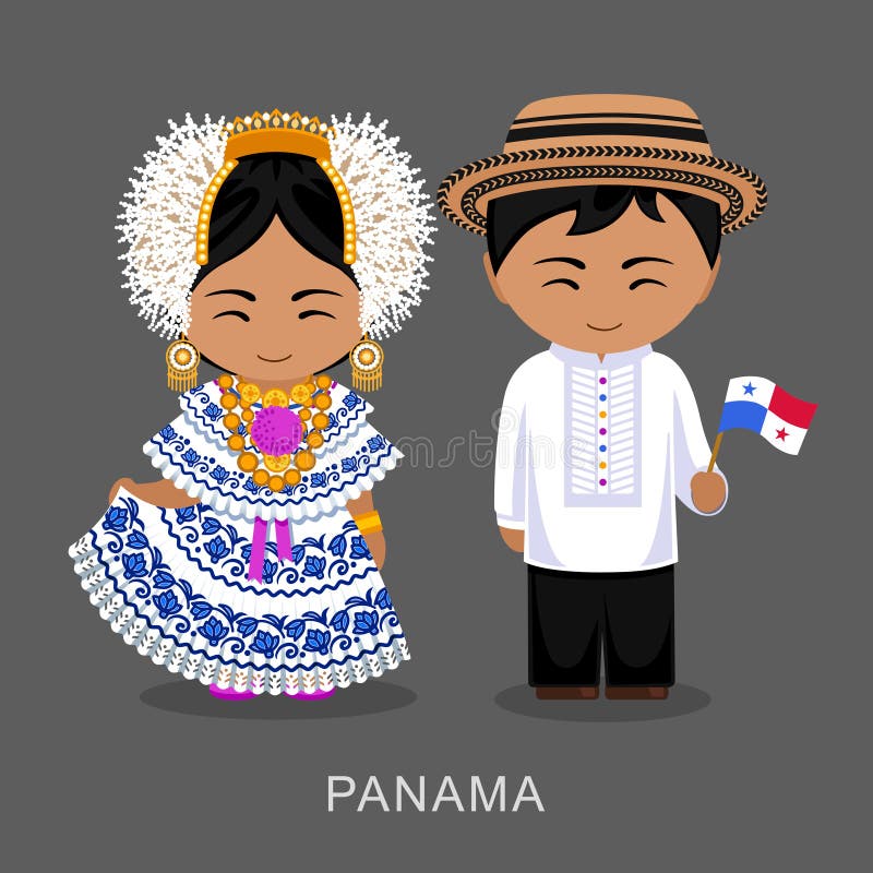 Panamenses no vestido nacional com uma bandeira