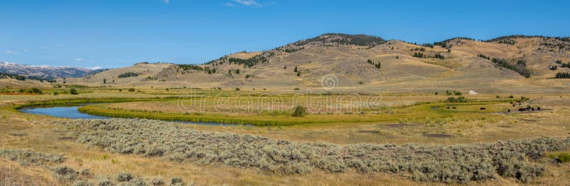 Lamar Valley in Yellowstone National Park along U.S. 212 NE Entrance Road in Wyoming. Lamar Valley in Yellowstone National Park along U.S. 212 NE Entrance Road in Wyoming