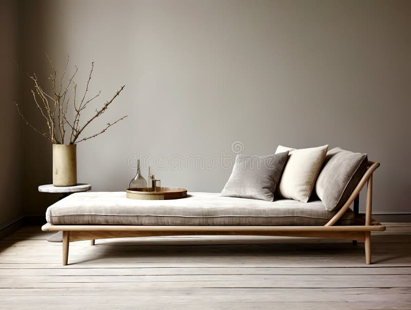 Panca di legno rustico con cuscini grigi contro una parete grigia vuota con spazio di copia. design interno boho design moderno de royalty illustrazione gratis