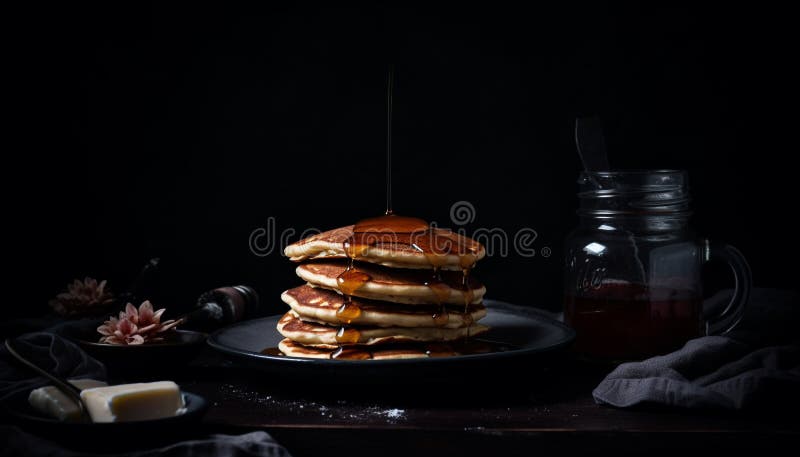Pancake al forno di recente impilare su piastra di legno di stoffa generata dall'ai royalty illustrazione gratis