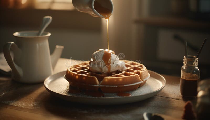 Pancake al forno di recente sgocciolavano con sciroppo di miele prodotto dall'ai illustrazione di stock
