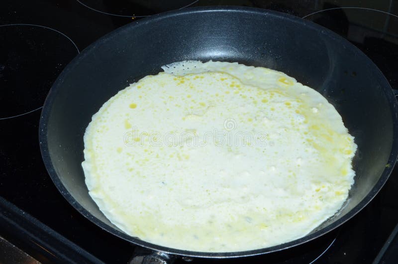 Pancake Cooking in a Frying Pan, Delicious Dessert Fresh Milk, Eggs and