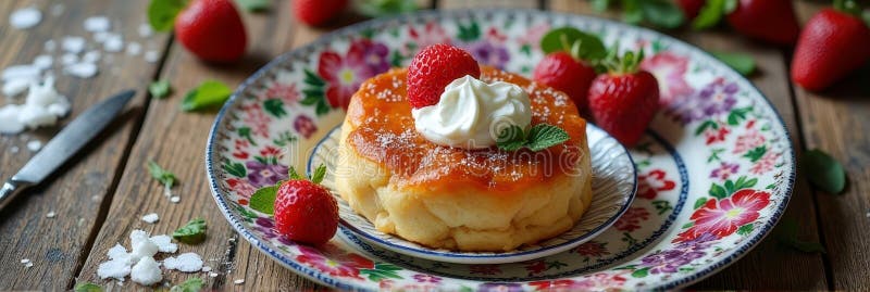 Pancake deliziosi con fragole fresche e crema su piastra floreale immagini stock libere da diritti