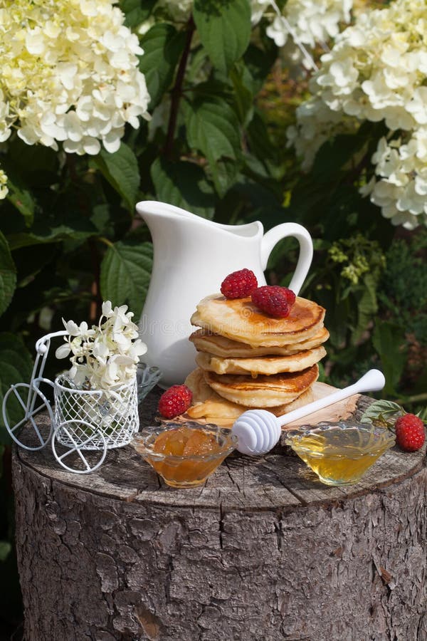 Pancake dolci per la prima colazione in giardino soleggiato fotografia stock libera da diritti Pancake dolci per la prima colazione in giardino soleggiato fotografia stock libera da diritti