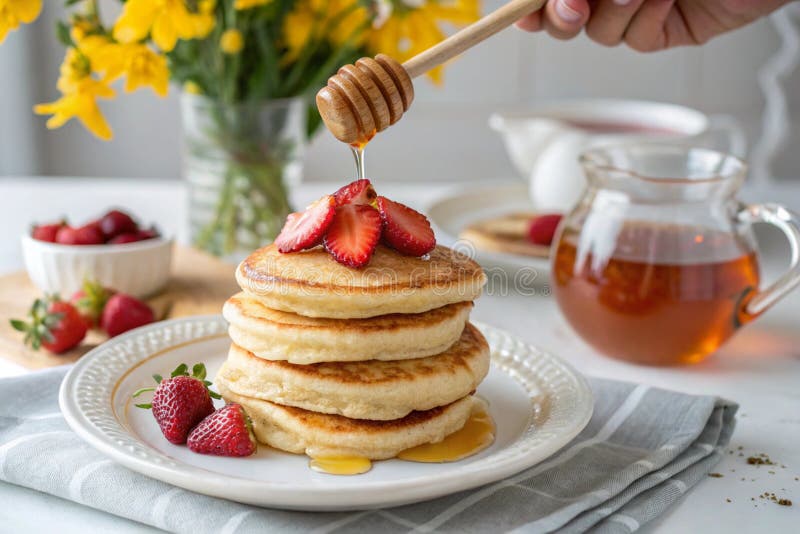 Pancake dorati con fragole e miele che gocciolano su una piastra bianca royalty illustrazione gratis