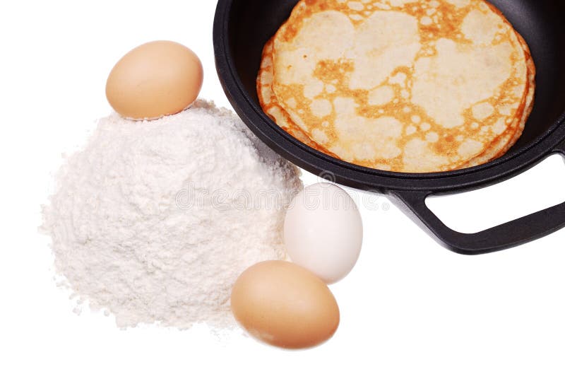 Pancake on a Dripping Pan, Flour, and Eggs Stock Photo Image of