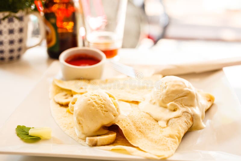 Pancake with Ice Cream and Strawberry Sauce Stock Image Image of