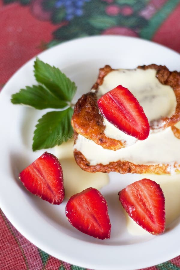 Pancake with Sour Cream and Rich Strawberry, Top View Stock Image