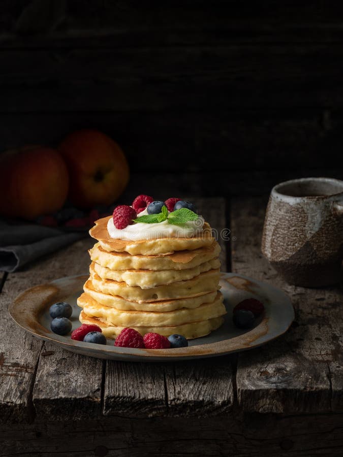Pancake with Vanilla Cream, Blueberries and Raspberries. Side View ...