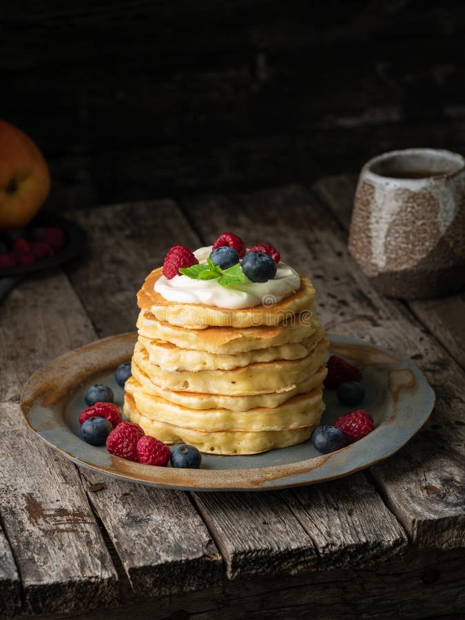 Pancake With Vanilla Cream, Blueberries And Raspberries. Side View ...