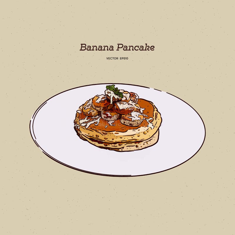 Pancakes with Banana, Walnut and Caramel, Hand Draw Sketch Vector Stock