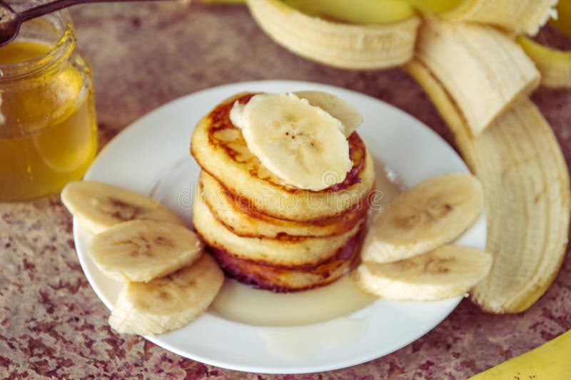 Pancakes with Bananas and Honey. Homemade Breakfast Stock Photo - Image ...