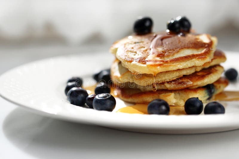 Pancakes with Blueberries and Maple Syrup. Sweet Breakfast. Stock Photo ...