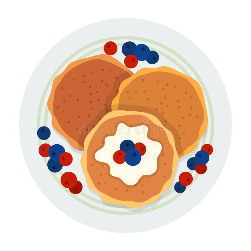 Three pancakes with berries on a plate vector icon flat isolated