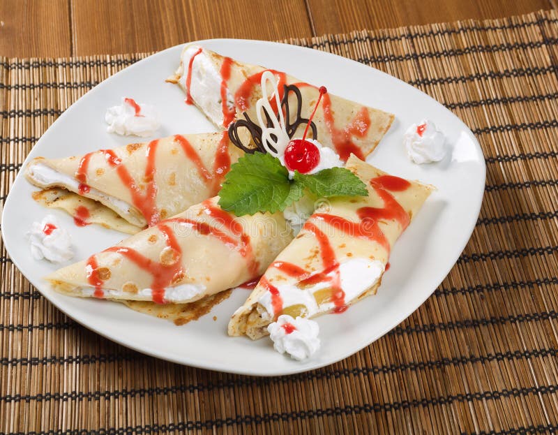 Dessert Pancakes with Ice Cream and Fruit Sauce Stock Image Image